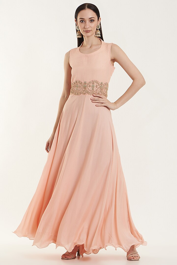 Peach Silk & Chiffon Party Wear Gown With Jacket by House of erum at Pernia's Pop Up Shop