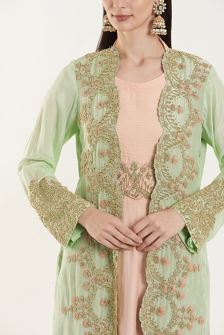 Peach Silk & Chiffon Party Wear Gown With Jacket by House of erum at Pernia's Pop Up Shop