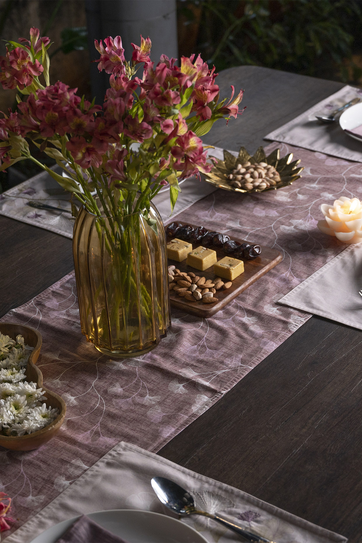 Gingko Plum Cotton Floral Digital Printed Table Runner by Eris home at Pernia's Pop Up Shop