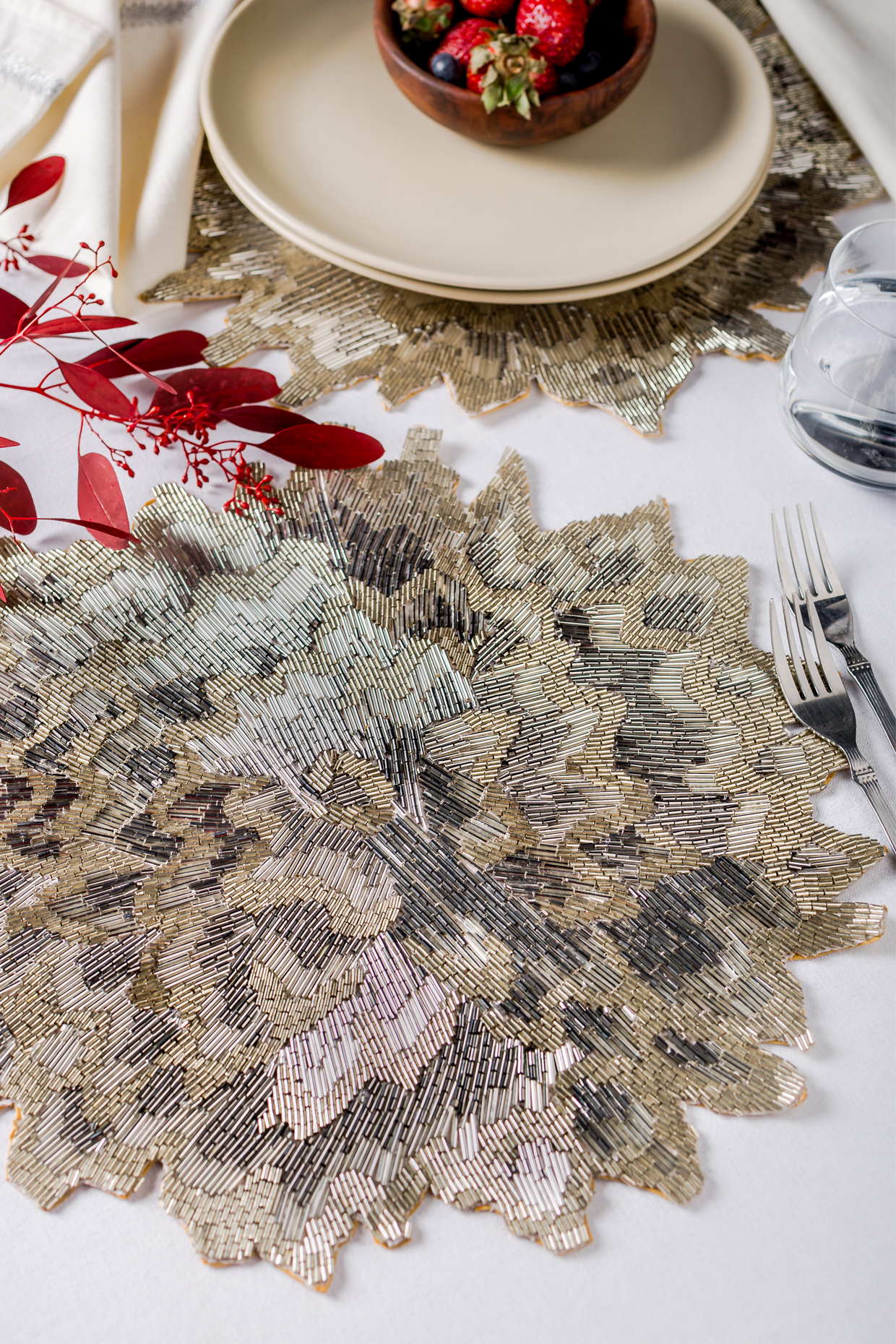 Grey & Silver Glass Beaded Table Mat Set by Eris home at Pernia's Pop Up Shop