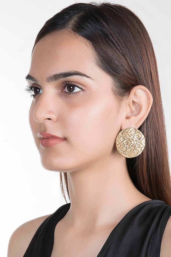 Gold Plated Basil Leaf Disc Stud Earrings by House of Esa