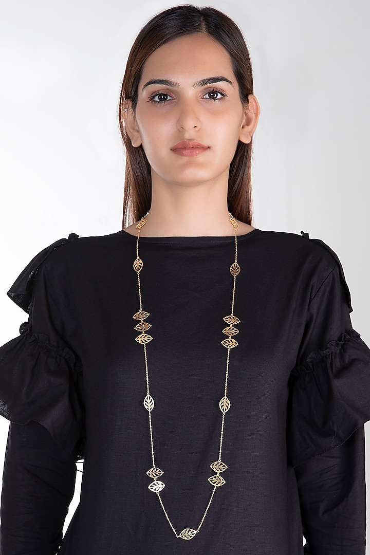 Gold Plated Basil Leaf Long Necklace by House of Esa