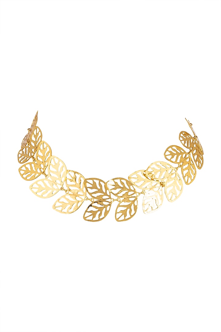 Gold Finish Double Leaf Choker Necklace by House Of Esa