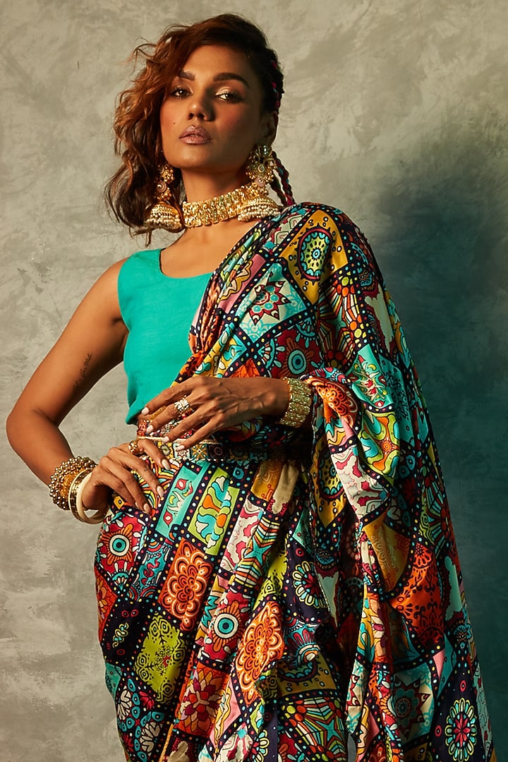 Multi-Colored Modal Satin Printed Party Wear Saree by Esha L Amin at Pernia's Pop Up Shop