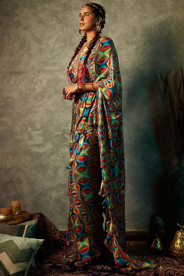 Multi-Colored Modal Satin Printed Party Wear Saree by Esha L Amin at Pernia's Pop Up Shop