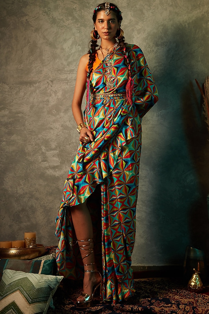Multi-Colored Modal Satin Printed Party Wear Saree by Esha L Amin at Pernia's Pop Up Shop