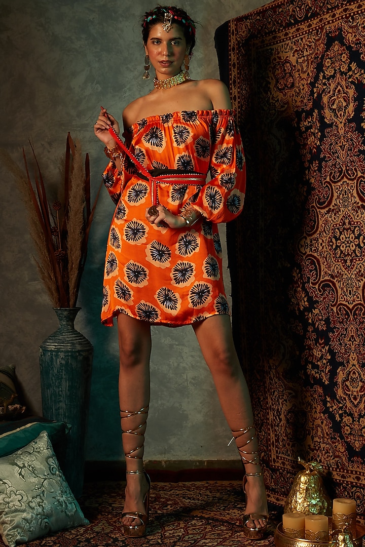 Orange Viscose Crepe Off-Shoulder Dress by Eshaa Amiin
