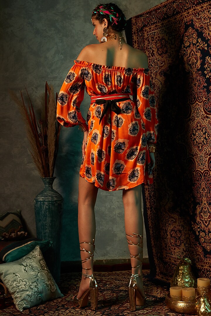 Orange Viscose Crepe Off-Shoulder Summer Dress by Esha L Amin at Pernia's Pop Up Shop