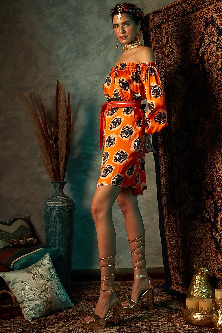 Orange Viscose Crepe Off-Shoulder Summer Dress by Esha L Amin at Pernia's Pop Up Shop