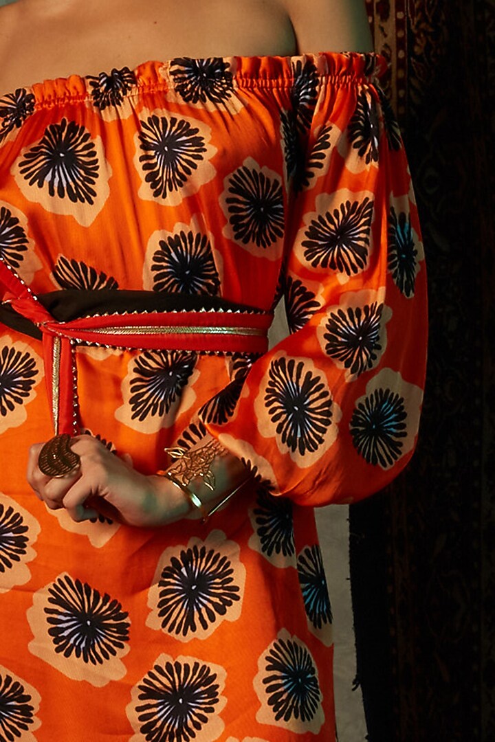 Orange Viscose Crepe Off-Shoulder Summer Dress by Esha L Amin at Pernia's Pop Up Shop