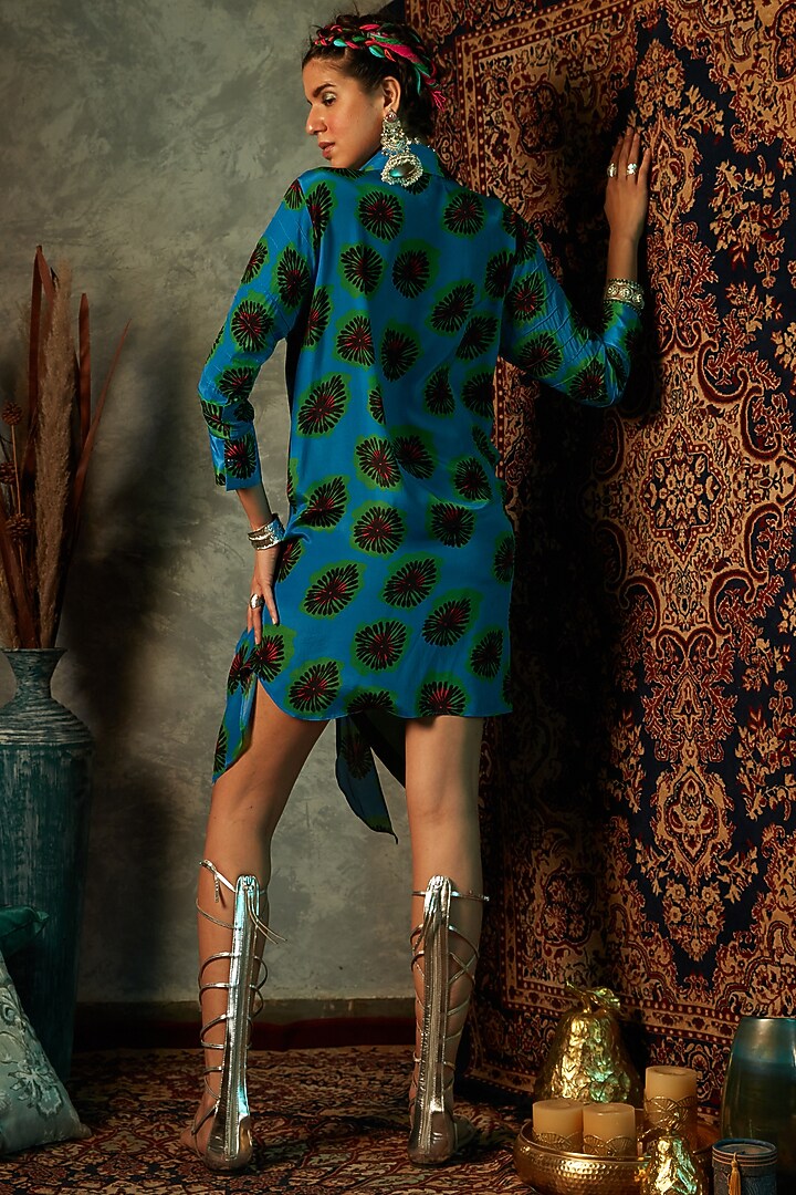 Blue Modal Satin Printed Vacation Dress by Esha L Amin at Pernia's Pop Up Shop