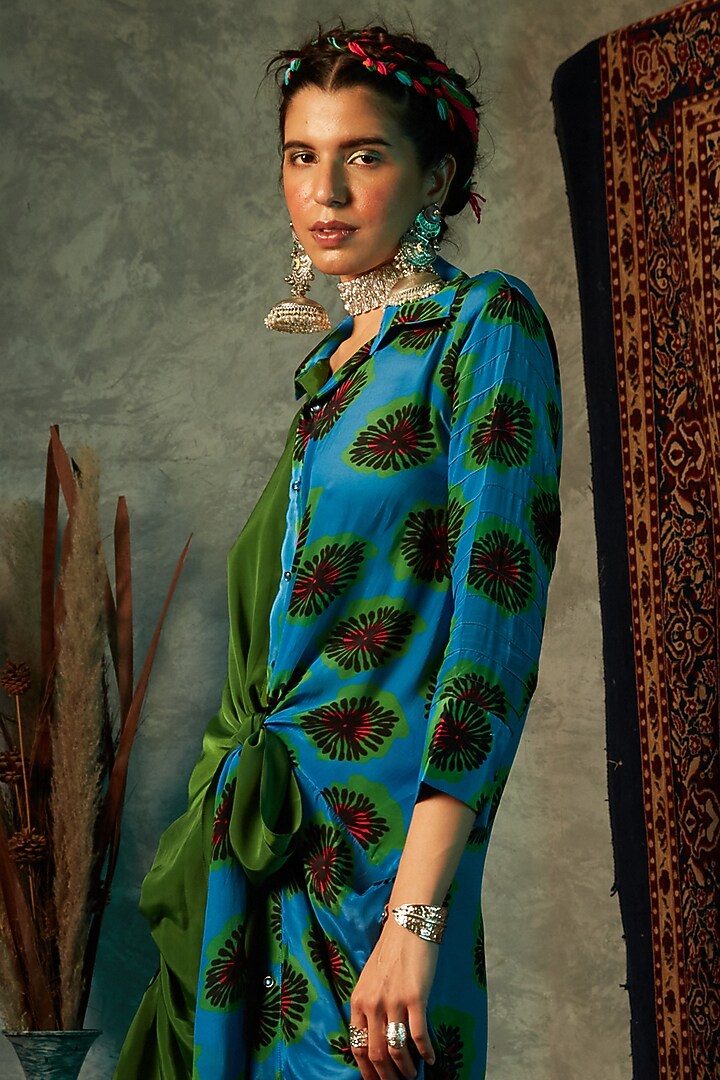 Blue Modal Satin Printed Vacation Dress by Esha L Amin at Pernia's Pop Up Shop