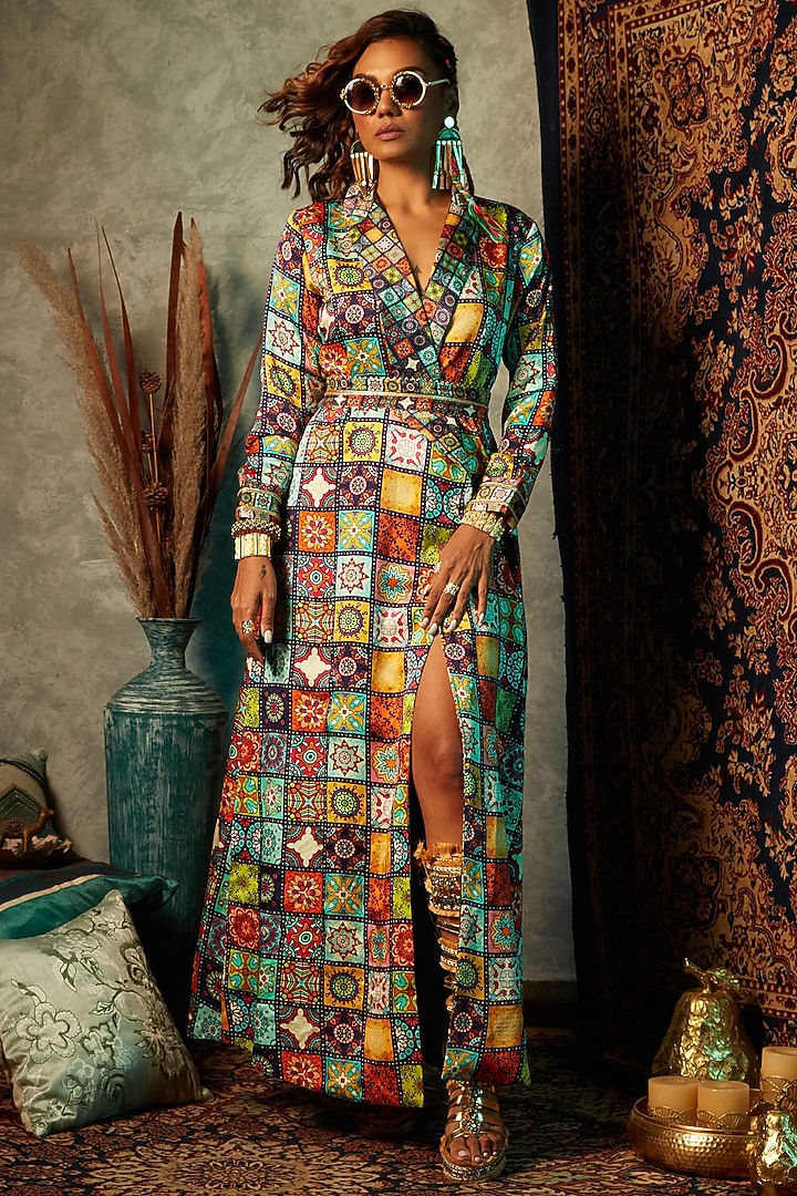 Multi-Colored Viscose Crepe Printed Maxi Vacation Dress by Esha L Amin at Pernia's Pop Up Shop
