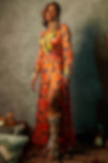 Orange & Lime Viscose Crepe Printed Maxi Dress by Eshaa Amiin
