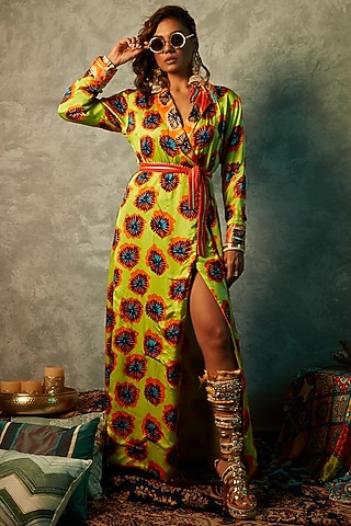 Lime & Orange Viscose Crepe Printed Maxi Dress by Esha L Amin