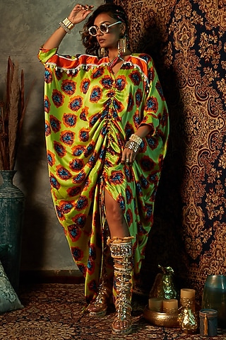 Lime Modal Satin Printed Kaftan by Esha L Amin