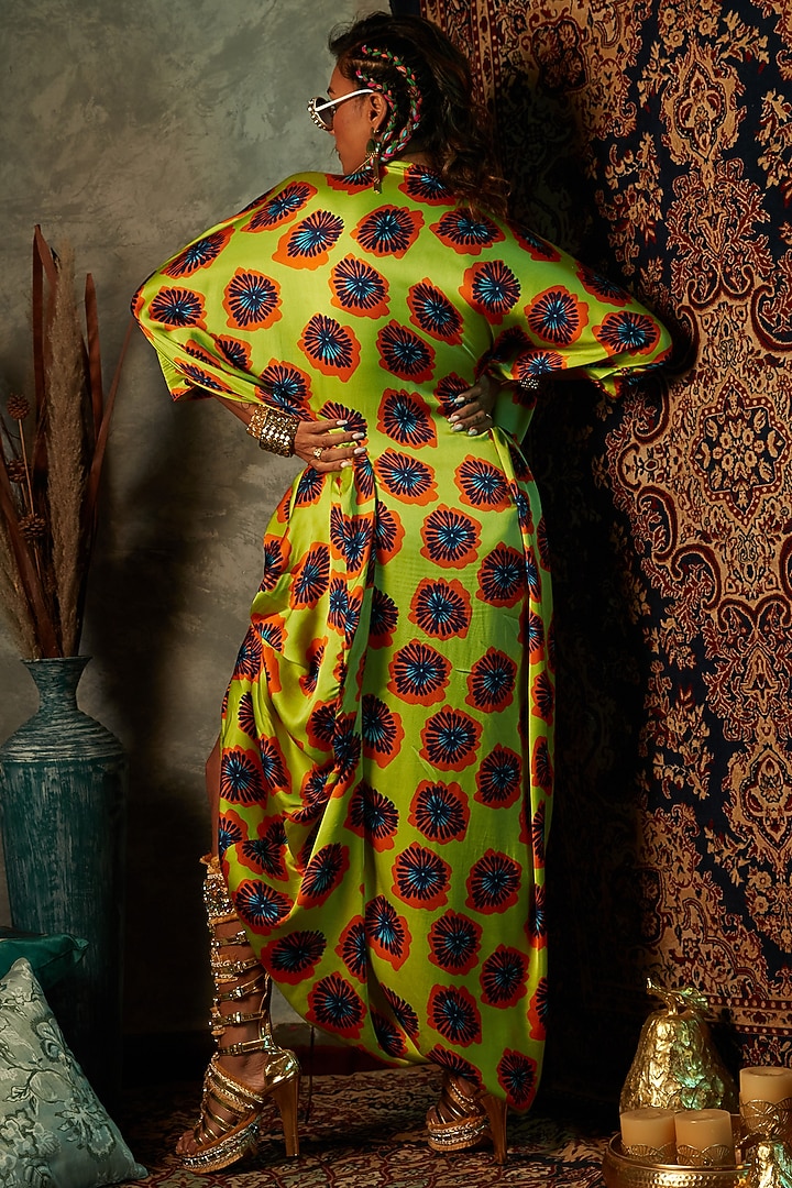 Lime Modal Satin Printed Kaftan by Esha L Amin at Pernia's Pop Up Shop