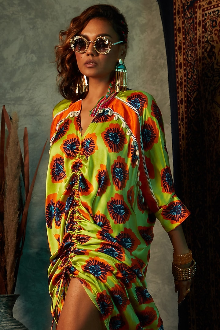 Lime Modal Satin Printed Kaftan by Esha L Amin at Pernia's Pop Up Shop