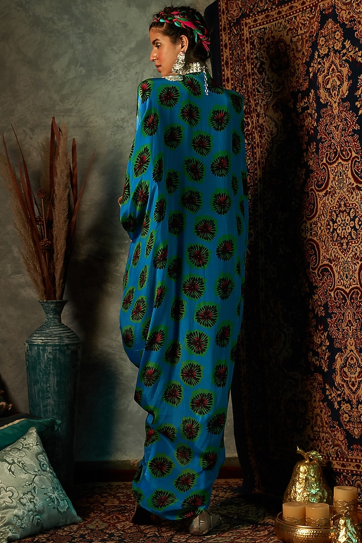 Blue Modal Satin Printed Kaftan by Esha L Amin at Pernia's Pop Up Shop