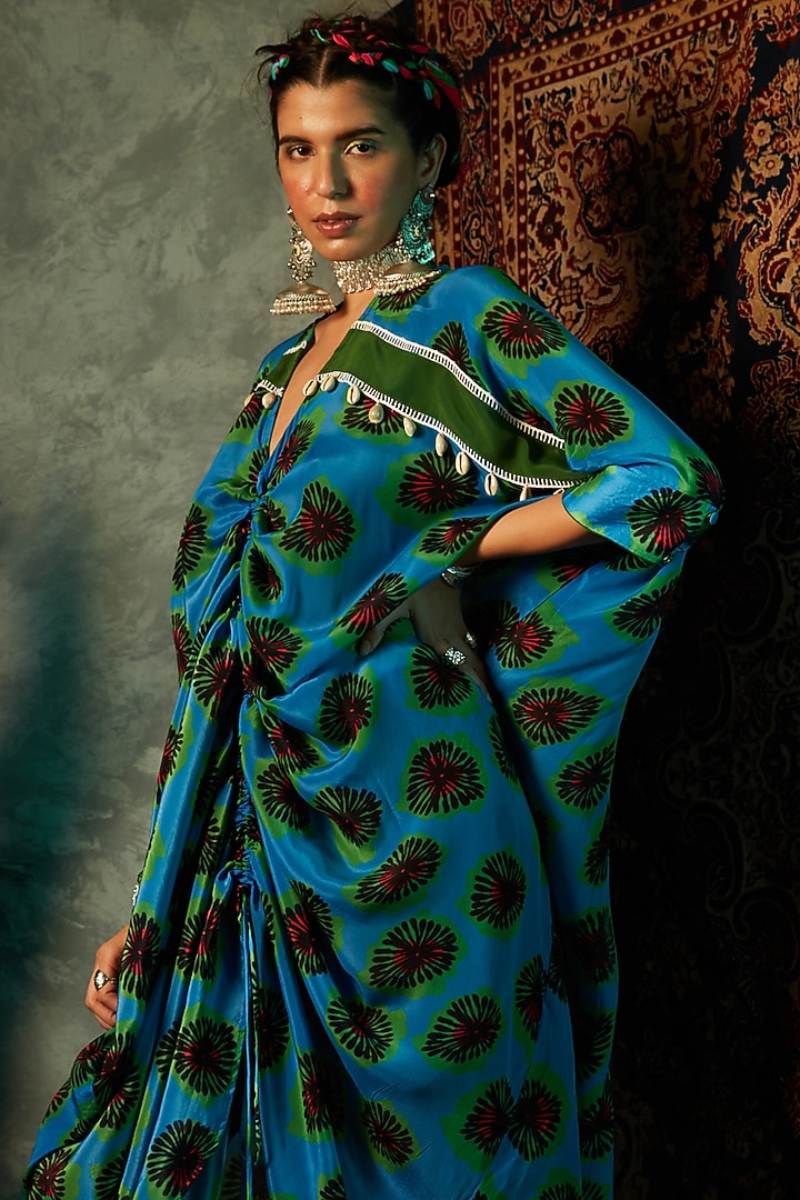 Blue Modal Satin Printed Kaftan by Esha L Amin at Pernia's Pop Up Shop