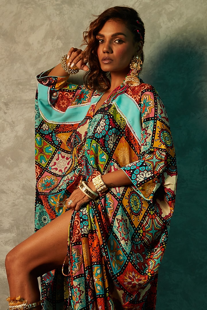 Multi-Colored Modal Satin Printed Kaftan by Esha L Amin at Pernia's Pop Up Shop