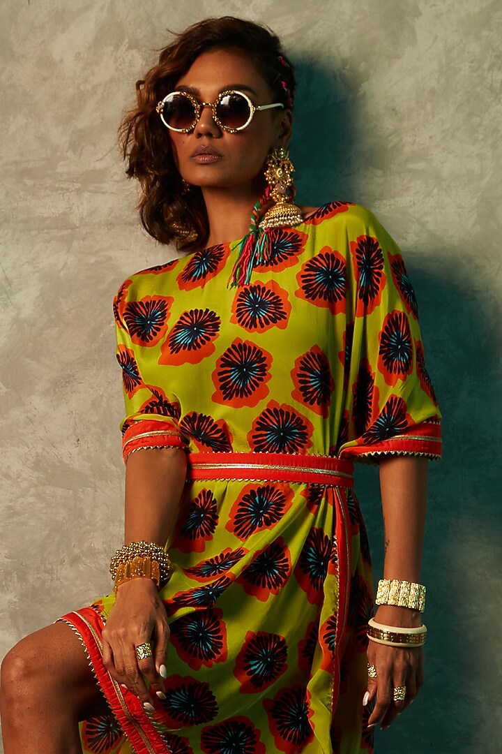 Lime Modal Satin Short Kaftan by Esha L Amin at Pernia's Pop Up Shop