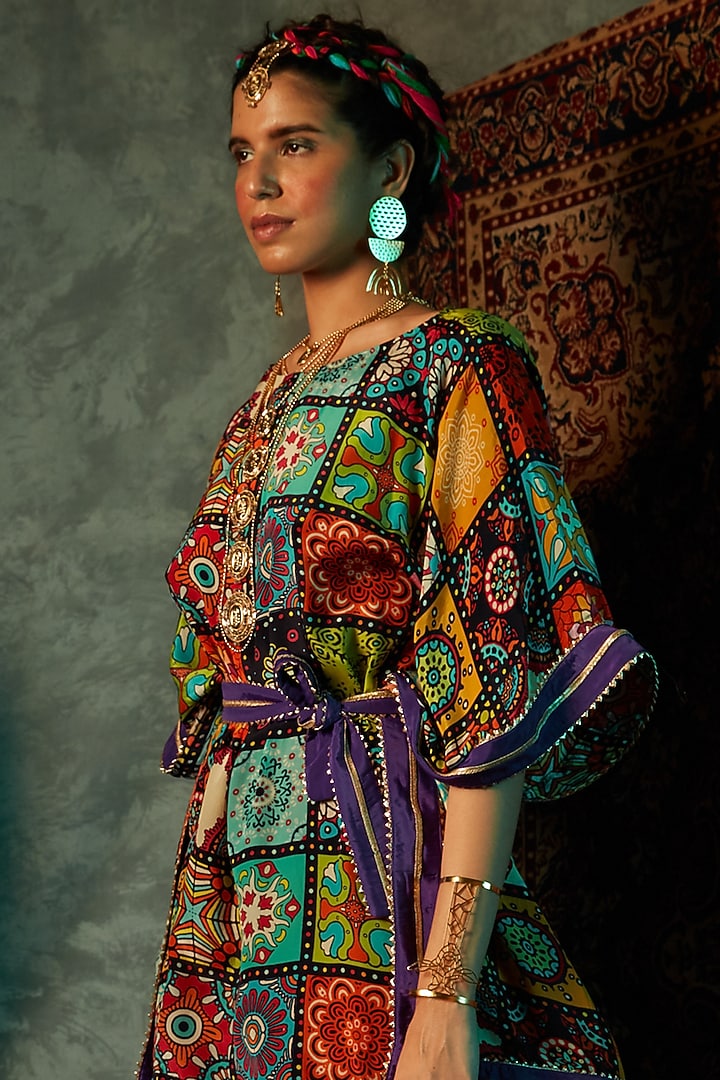 Multi-Colored Modal Satin Short Kaftan by Esha L Amin at Pernia's Pop Up Shop