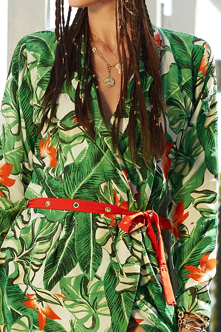 Jungle Green & Deep Orange Printed Blazer Summer Dress by Esha L Amin at Pernia's Pop Up Shop