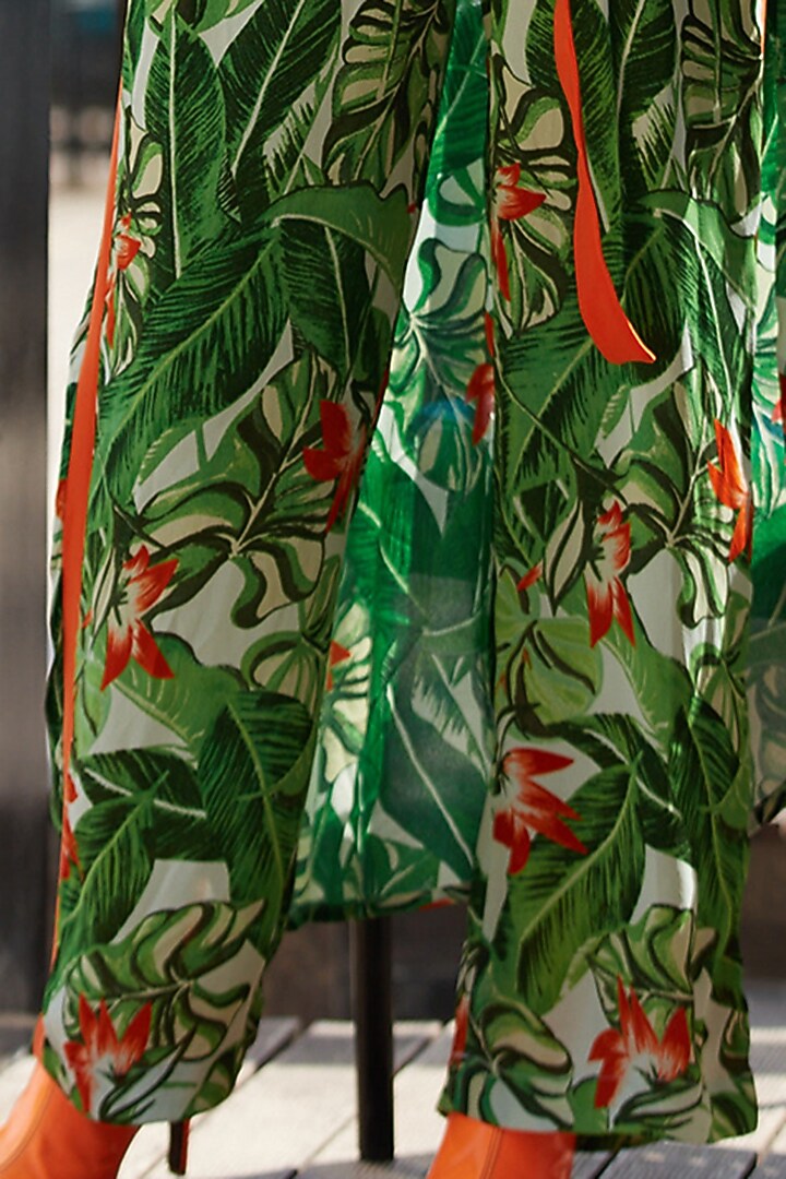 Jungle Green & Deep Orange Printed Asymmetrical Shirt by Esha L Amin at Pernia's Pop Up Shop