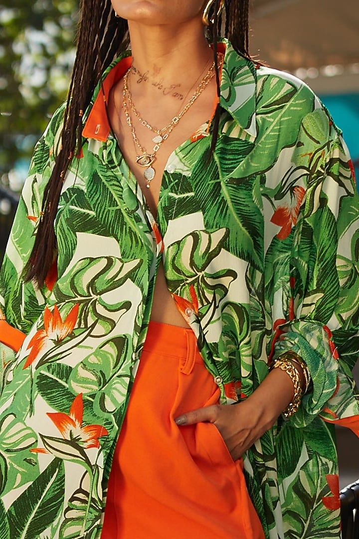 Jungle Green & Deep Orange Tropical Printed Co-Ord Set by Esha L Amin at Pernia's Pop Up Shop