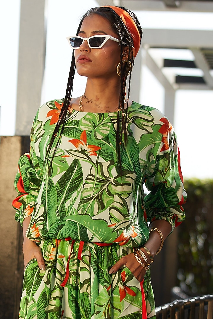 Jungle Green & Deep Orange Crepe Co-Ord Set by Esha L Amin at Pernia's Pop Up Shop
