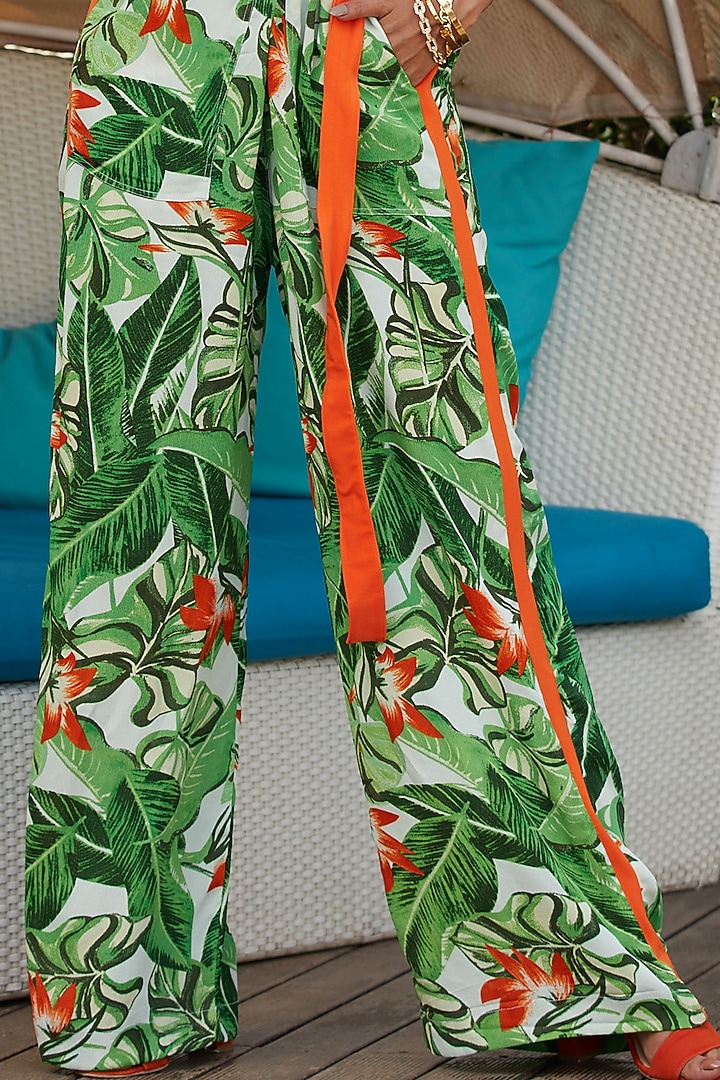 Jungle Green & Deep Orange Printed Flared Pant Set by Esha L Amin at Pernia's Pop Up Shop