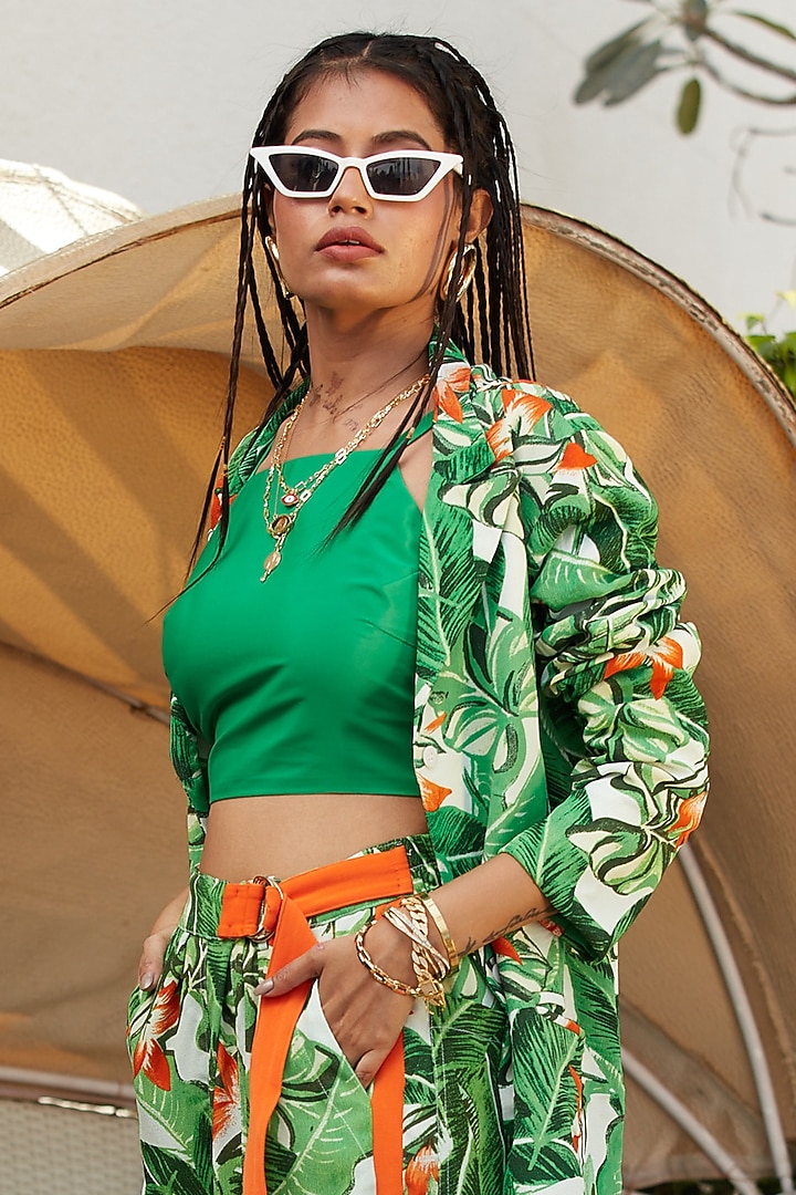 Jungle Green & Deep Orange Printed Blazer Set by Esha L Amin at Pernia's Pop Up Shop