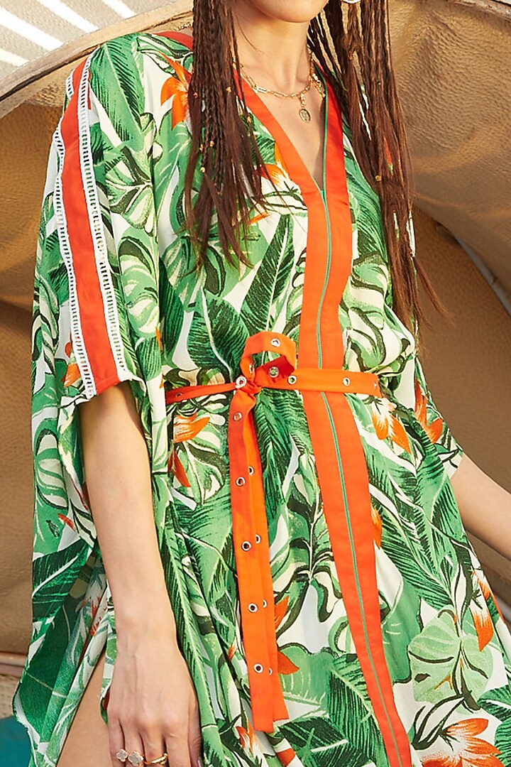 Jungle Green & Deep Orange Printed Asymmetrical Kaftan by Esha L Amin at Pernia's Pop Up Shop