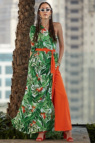 Jungle Green & Deep Orange One-Shoulder Kaftan Set by Esha L Amin