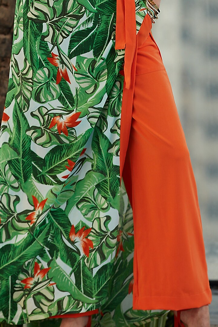 Jungle Green & Deep Orange One-Shoulder Kaftan Set by Esha L Amin at Pernia's Pop Up Shop