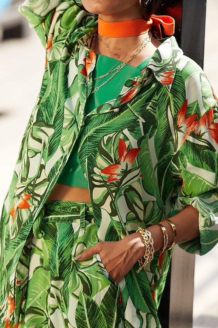 Jungle Green & Deep Orange Crepe Co-Ord Set by Esha L Amin at Pernia's Pop Up Shop