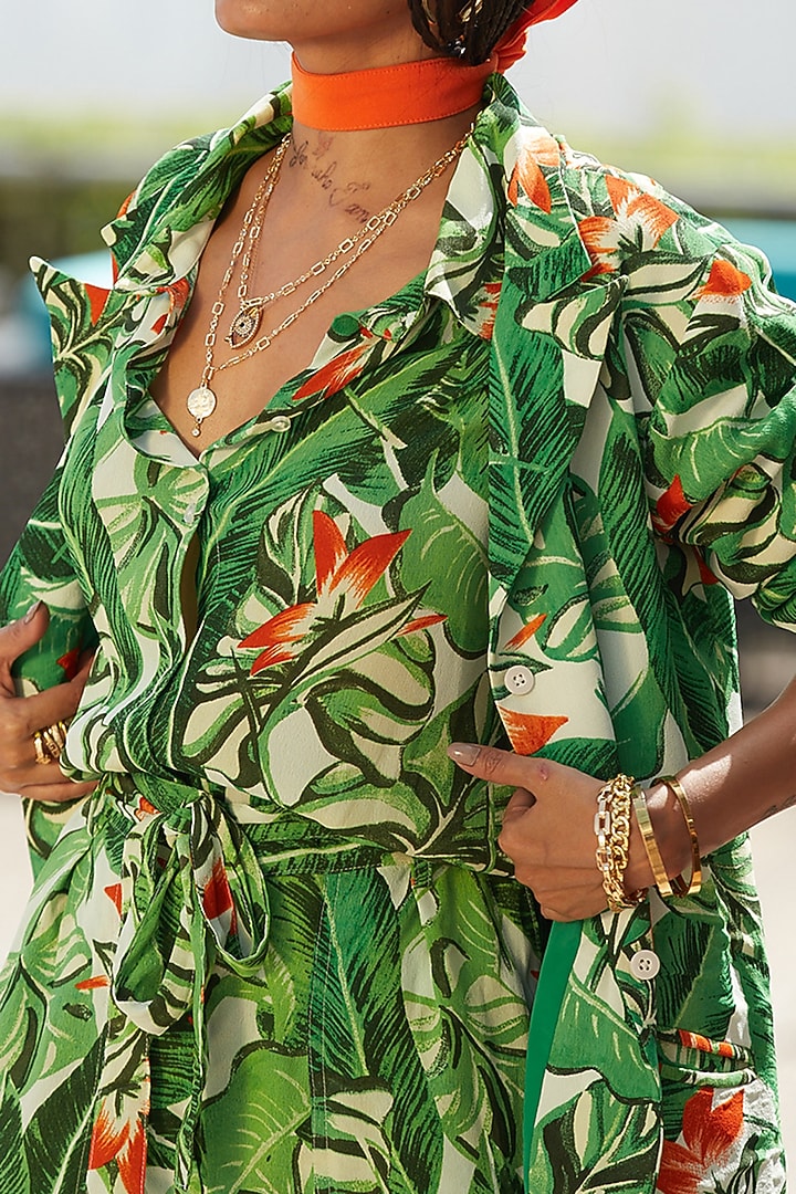 Jungle Green & Deep Orange Tropical Printed Blazer Set by Esha L Amin at Pernia's Pop Up Shop