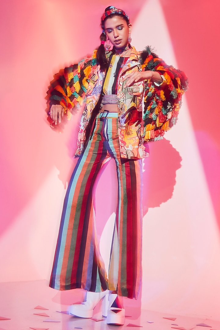 Multi-Colored Viscose Crepe Jacket Set by Eshaa Amiin