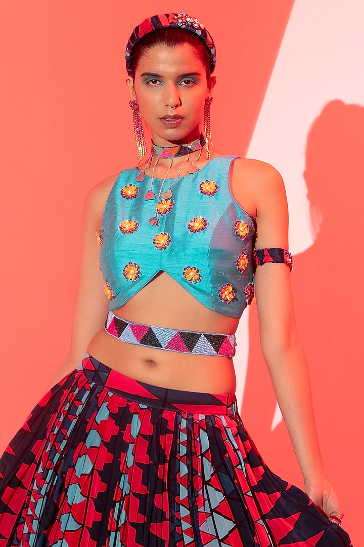 Multi-Colored Viscose Crepe Printed Wedding Lehenga Set by Esha L Amin at Pernia's Pop Up Shop