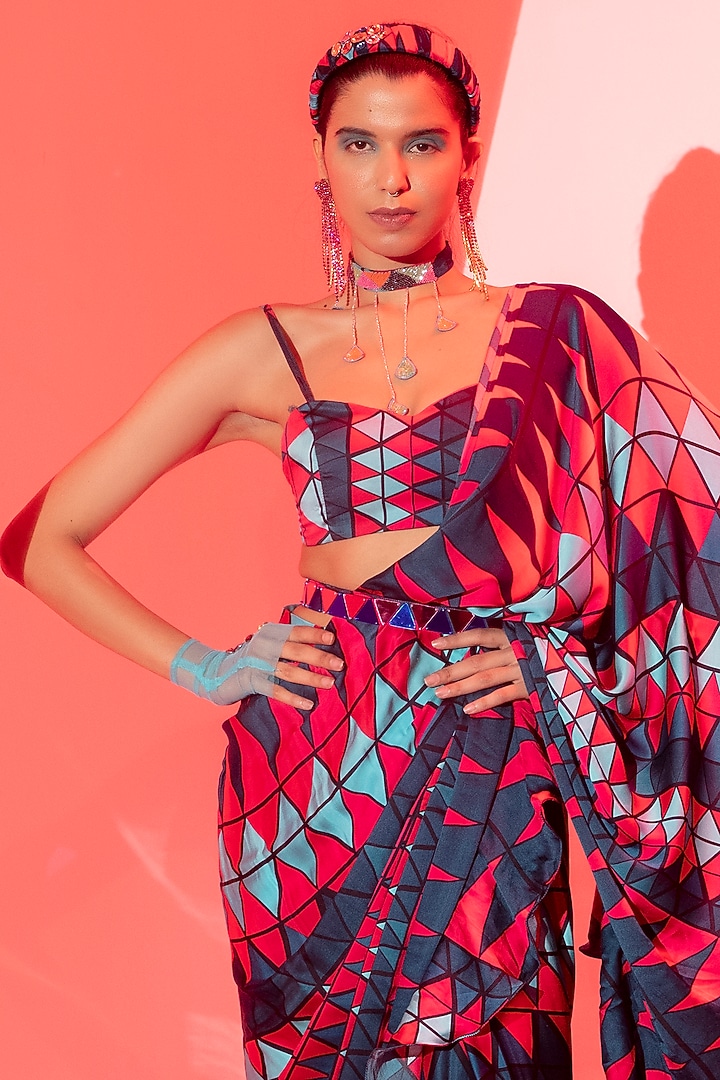 Multi-Colored Viscose Crepe printed Wedding Saree Set by Esha L Amin at Pernia's Pop Up Shop