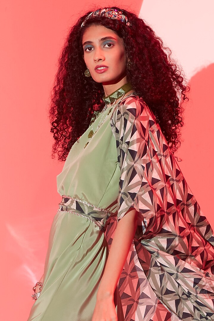 Green Viscose Crepe Jacket Cocktail Dress by Esha L Amin at Pernia's Pop Up Shop