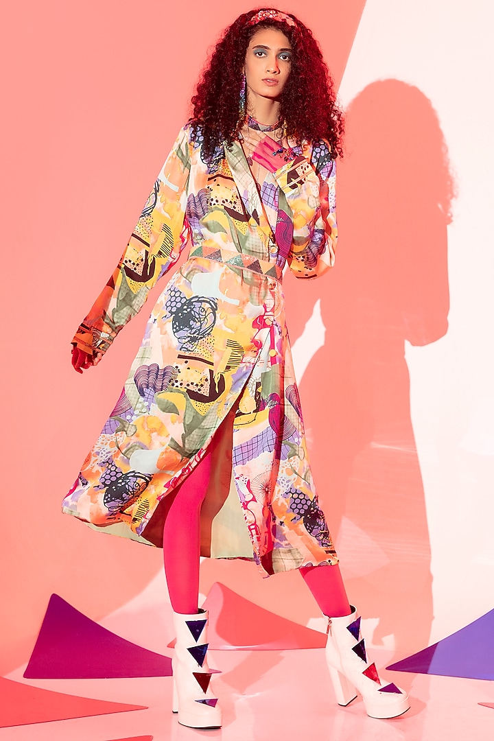 Multi-Coloured Viscose Crepe Maxi Blazer Dress by Eshaa Amiin