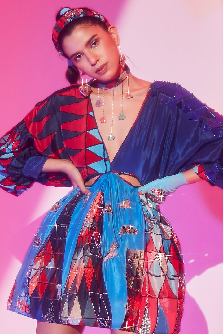 Multi-Colored Viscose Crepe Printed Mini Cocktail Dress by Esha L Amin at Pernia's Pop Up Shop
