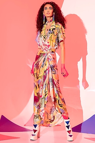 Multi-Coloured Viscose Crepe Printed Skirt Set by Esha L Amin