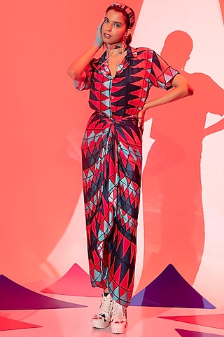 Multi-Coloured Viscose Crepe Printed Skirt Set by Esha L Amin