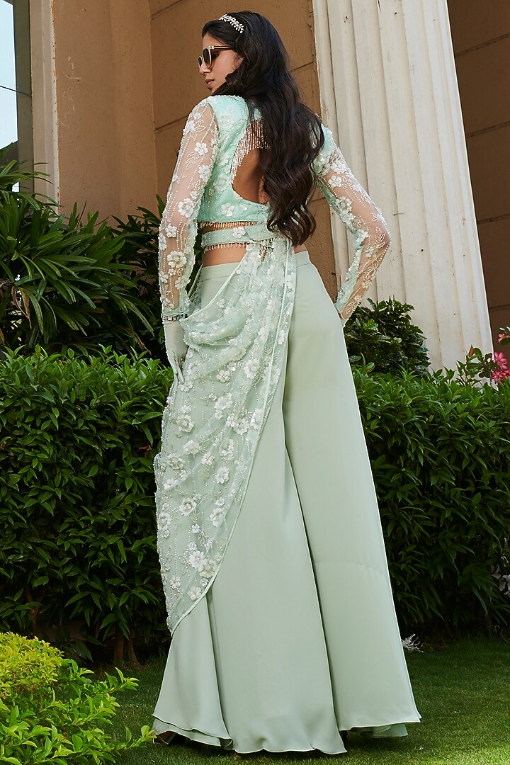 Mint Net Embroidered Cape Set by Esha L Amin at Pernia's Pop Up Shop