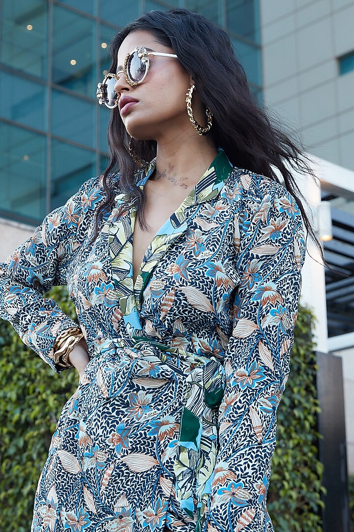 Sky Blue Printed Blazer Vacation Dress by Esha L Amin at Pernia's Pop Up Shop