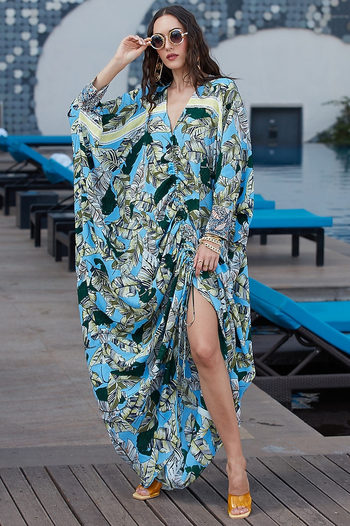 Sky Blue Printed Asymmetrical Kaftan by Esha L Amin at Pernia's Pop Up Shop