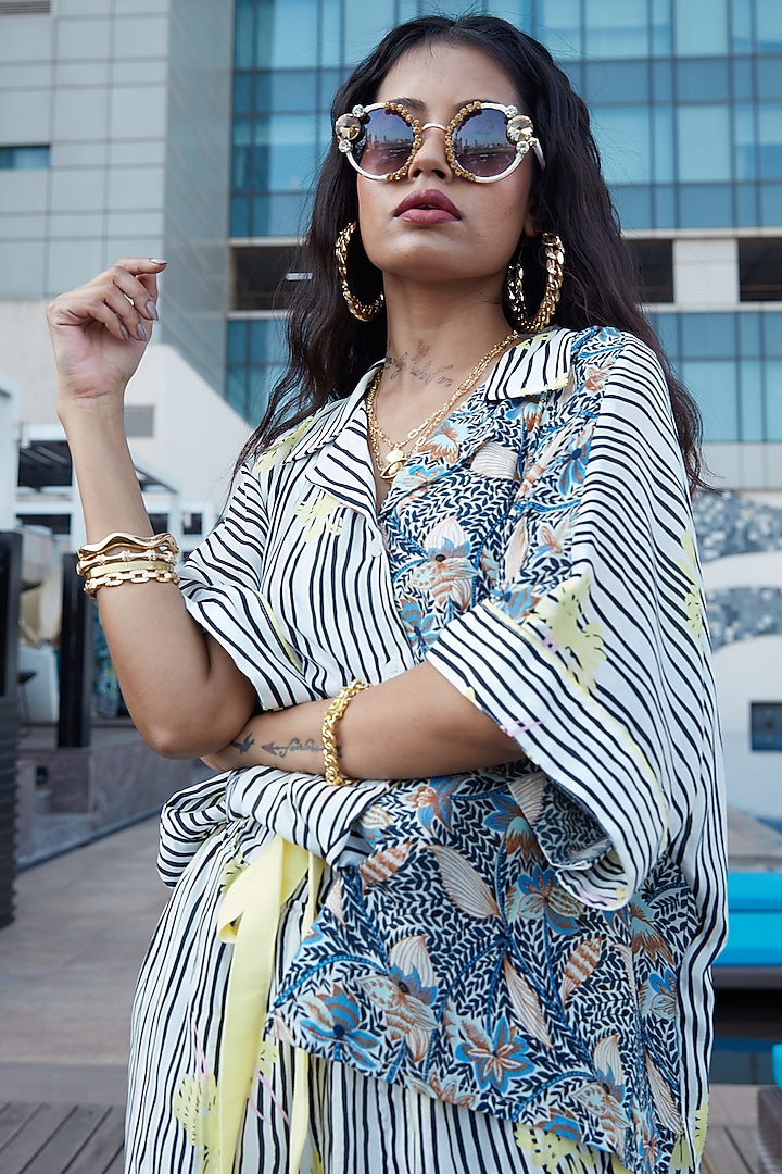 Multi-Colored Printed Half & Half Asymmetrical Shirt by Esha L Amin at Pernia's Pop Up Shop